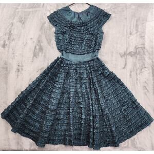 Vintage 50s Vicky Vaughn Junior Ruffled Belted Cocktail Dress Size XS Green